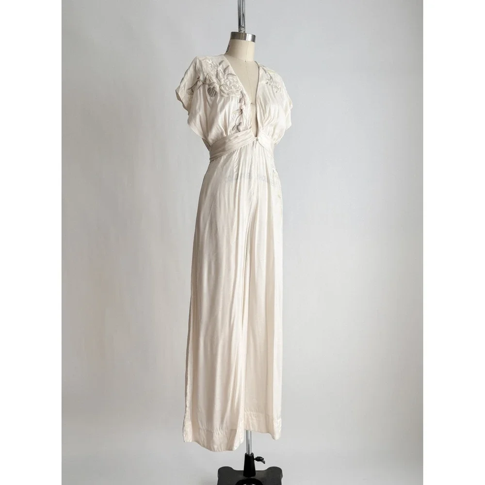Free People In the Mood for Love cream‎ embroidered wide leg jumpsuit size S